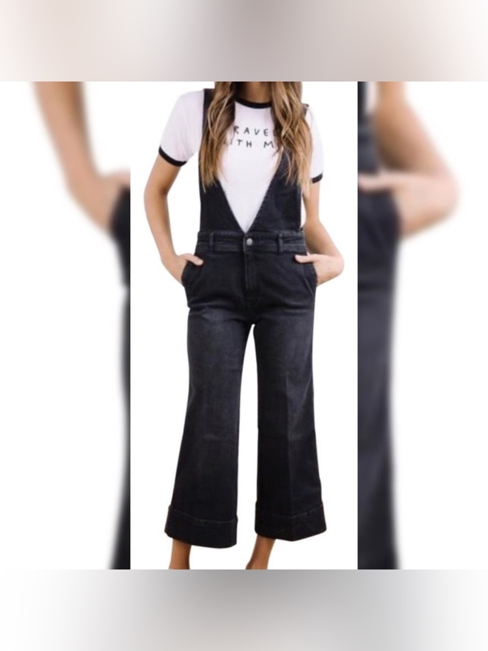 Free People A Line Deep V Black Washed Denim Overalls Size: 0